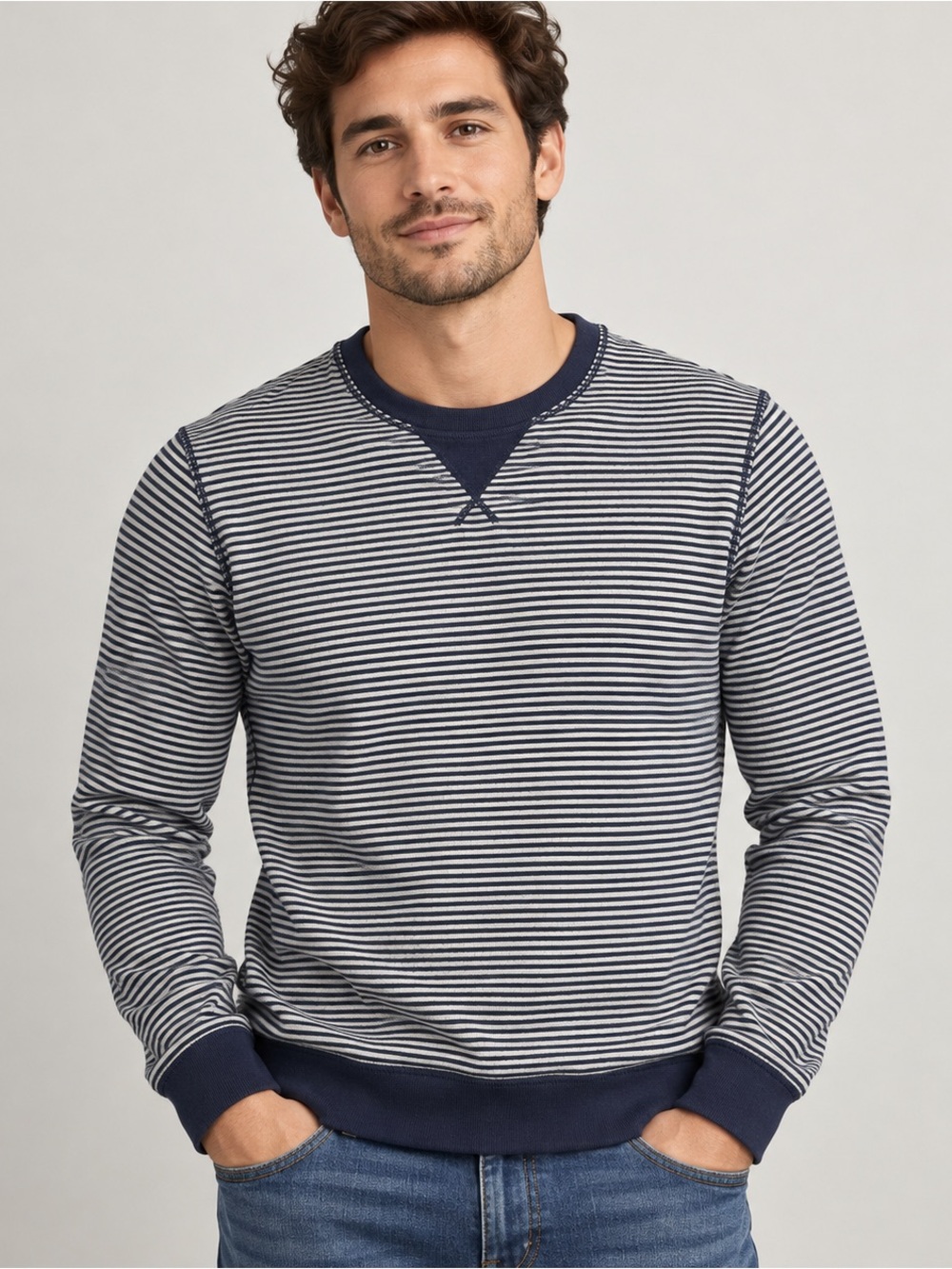 Hugo Boss Mens Medium Slim Fit Striped Crewneck Sweatshirt Navy Grey Cotton